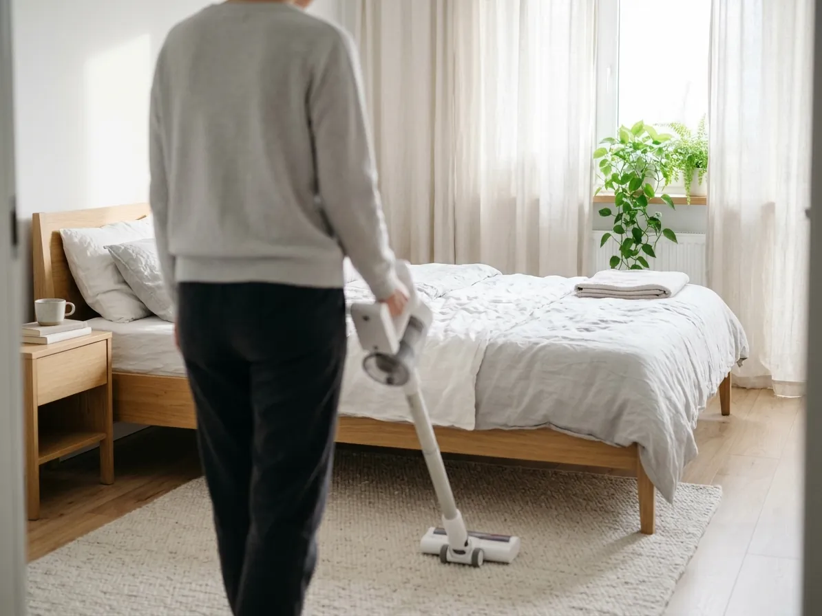 Osoba odkurzająca dywan w jasnej sypialni, widziana od tyłu
